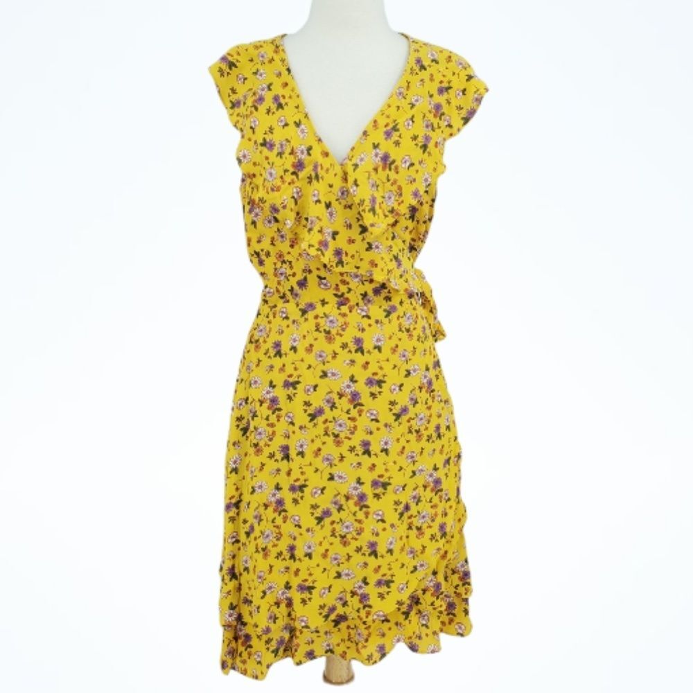 Sanctuary Rayon Golden Yellow Floral Ruffle Sleeveless Wrap Dress Medium 8 NWT